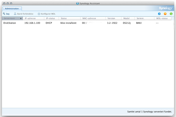 Dette er et billede af Synology DS212j Assistant som bruges til at installere NAS'en.