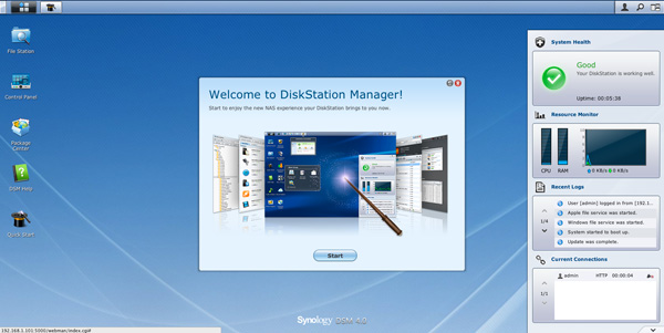 Screenshot af Synology DSM 4.0 dashboardet